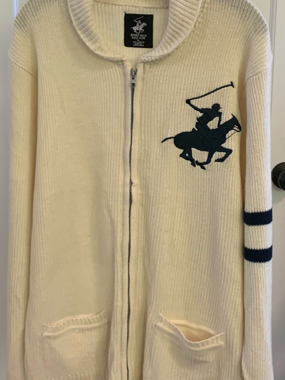 Beverly Hills Polo Club Cream Men’s Zip-Up Cardigan with Navy Polo Player, XL